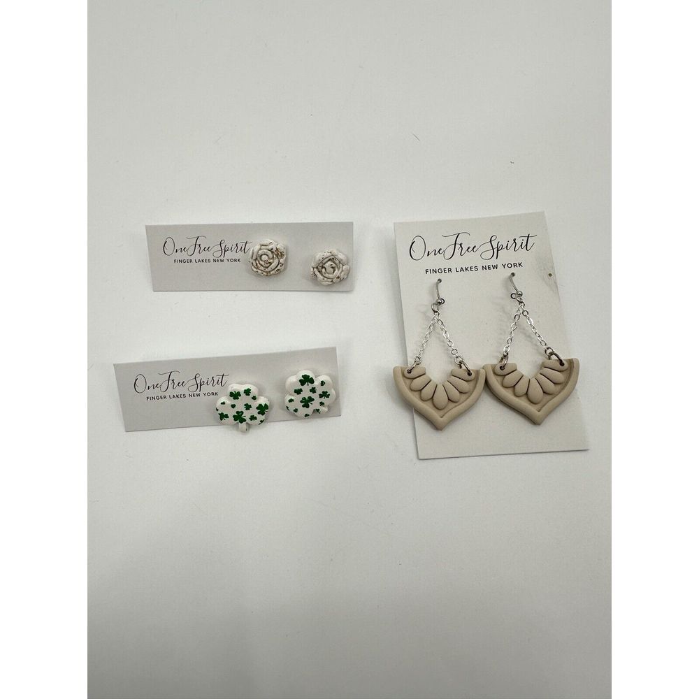 One Free Spirit Earrings Lot Of 3 Shamrocks Flower Geometric Studs &‎ Dangle